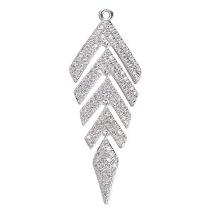 Focal, cubic zirconia and silver-plated brass, clear, 51.5x19.5mm single-sided feather. Sold individually.