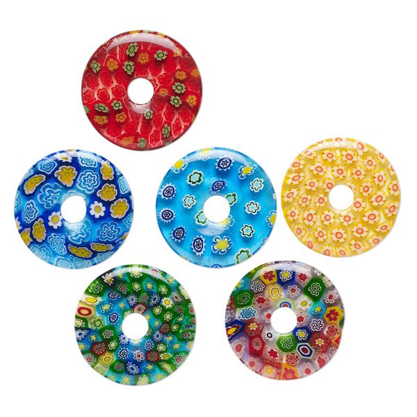 Component, millefiori glass, translucent multicolored, 24-26mm undrilled donut with flower design. Sold per pkg of 6. image number 0