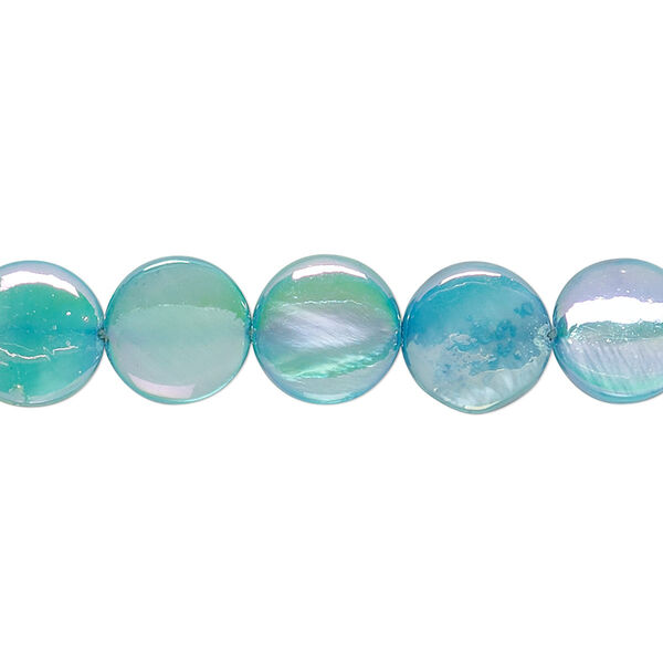 Bead, mother-of-pearl shell (dyed / coated), turquoise blue, 10mm flat round, Mohs hardness 3-1/2. Sold per 15-inch strand. image number 0