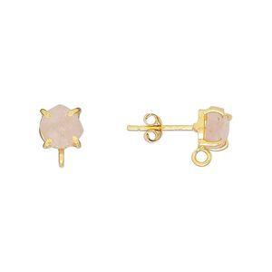 Sterling silver / rose quartz 1pkg2, rough nugget earstud / closed loop gold-plated 5-7mm