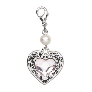Focal steel brass crystal acrylic pearl 1pk 35x18mm heart with lobster claw clasp, antique silver finish pink clear