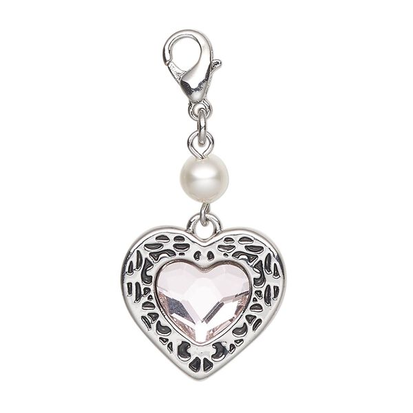 Focal steel brass crystal acrylic pearl 1pk 35x18mm heart with lobster claw clasp, antique silver finish pink clear image number 0
