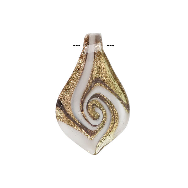 Drop, lampworked glass 1pkg1, opaque and translucent white and dark brown with copper-colored glitter, 27x16mm-29x17mm spoon with swirl design. image number 1