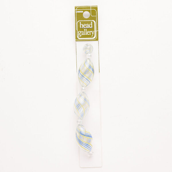Bead 1pkg4 handblown glass, mixed shapes / line design, assortment translucent and transparent blue / yellow / clear image number 0