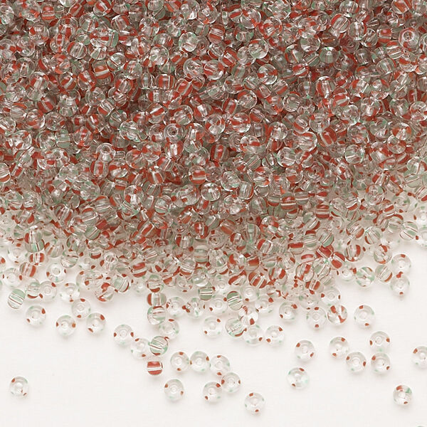 Seed bead, Preciosa Ornela, glass, transparent red / green / clear, #11 rocaille. Sold per 50-gram pkg. image number 0