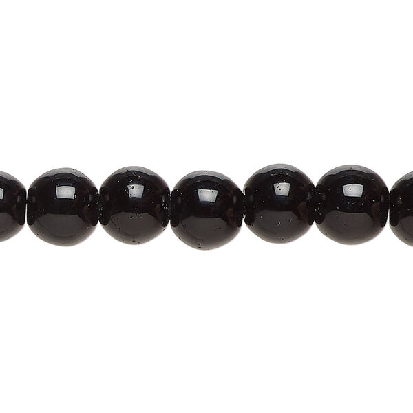 Bead, glass, opaque black, 7-8mm round. Sold per 8-inch strand, approximately 25 beads. image number 0