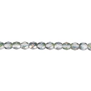 Bead, Czech fire-polished glass, green and grey luster, 4mm faceted round. Sold per 15-1/2" to 16" strand.