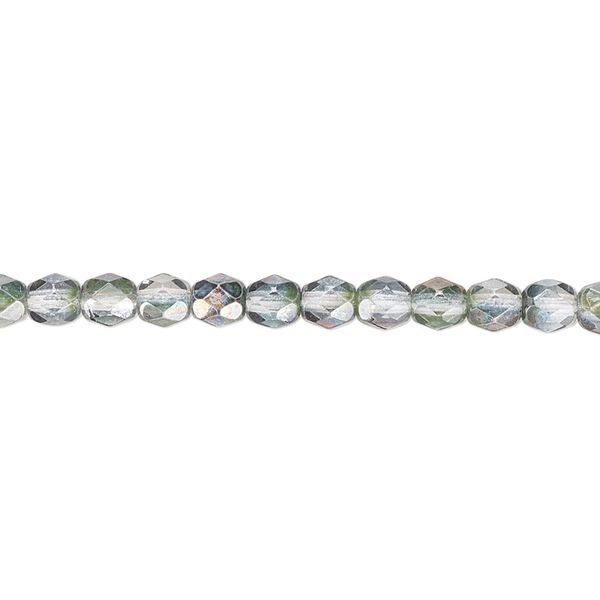 Bead, Czech fire-polished glass, green and grey luster, 4mm faceted round. Sold per 15-1/2" to 16" strand. image number 0