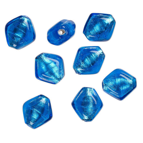 Bead, lampworked glass, opaque turquoise blue, 16x15mm-14x12mm puffed kite with silver-colored foil. Sold per pkg of 8. image number 0