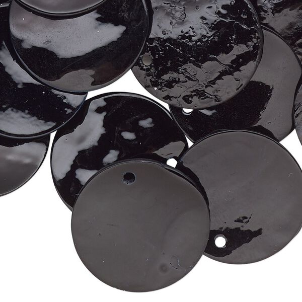 Drop, mussel shell (dyed / coated), black, 20mm flat round. Sold per pkg of 25. image number 0