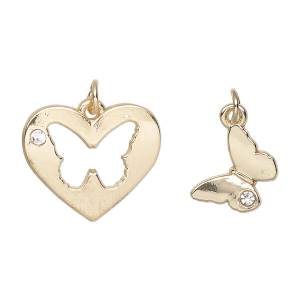 Charm, gold-finished "pewter" (zinc-based alloy) and glass, clear, 20x18mm heart with butterfly cutout design and 13mm single-sided butterfly. Sold per pkg of (2) 2-piece sets. image number 0
