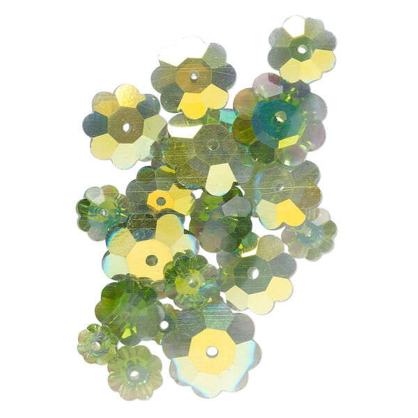 Bead mix, glass, translucent green AB, 6-14mm margarita flower. Sold per pkg of 20. image number 0