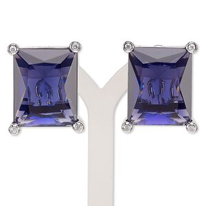 Earring, glass / glass rhinestone / rhodium-plated brass, purple and clear, 25x20mm rectangle with post and latch-back closure. Sold per pair.