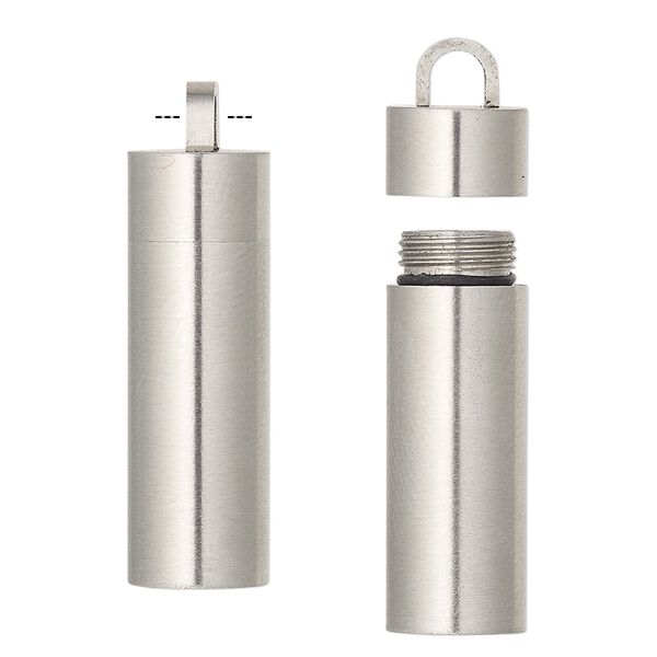 Pendant, silicone and stainless steel, black, 35x10mm cylinder with twist-off top. Sold individually. image number 0