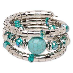 Bracelet, magnesite (dyed / stabilized) / silver-coated plastic / imitation rhodium-plated steel, turquoise blue AB and blue, 37mm wide with round, 7-inch adjustable. Sold individually.