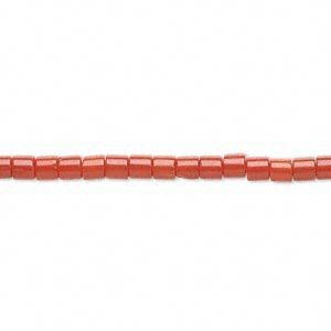 Bead, bamboo coral (dyed), red, 3x3mm round tube, B grade, Mohs hardness 3-1/2 to 4. Sold per 16-inch strand.