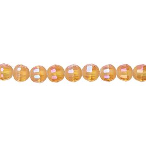 Bead 1pk 96 facets translucent golden blush AB half-matte, Celestial Crystal® 6mm round 8 inch