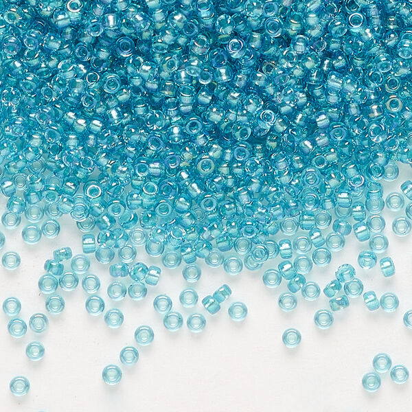 Seed bead, Miyuki, glass, pkg/25g, #11 rocaille, translucent aqua-lined luster crystal clear (RR-1822). image number 0