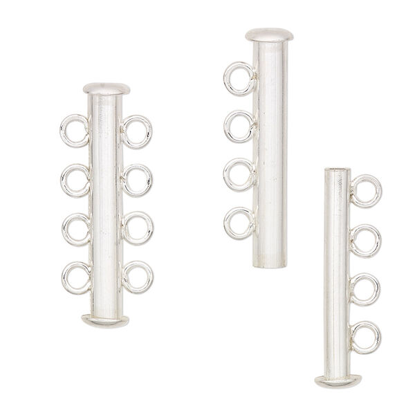 Clasp, 4-strand slide lock, sterling silver, 26x6mm tube. Sold individually. image number 0