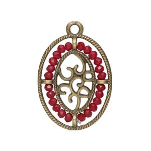 Drop, antique brass-finished "pewter" (zinc-based alloy), dark red, 28x21.5mm oval with hearts and beaded border. Sold per pkg of 2.