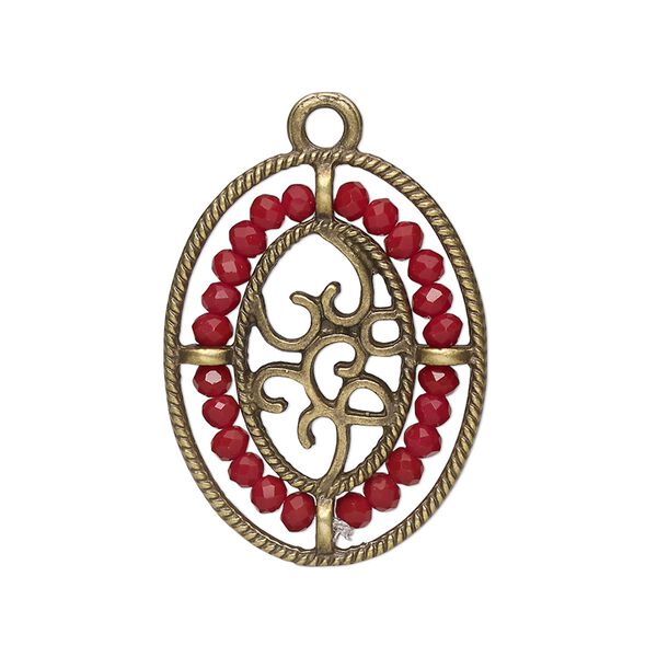 Drop, antique brass-finished "pewter" (zinc-based alloy), dark red, 28x21.5mm oval with hearts and beaded border. Sold per pkg of 2. image number 0
