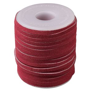 Cord, suede lace (dyed), red, 3-4mm. Sold per 25-yard spool.