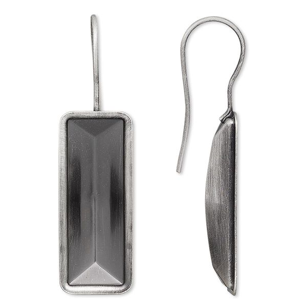 Ear wire, Almost Instant Jewelry®, antique silver-plated brass, 40x13mm fishhook with 24x8mm rectangle setting, 20 gauge. Sold per pkg of 2 pairs. image number 0