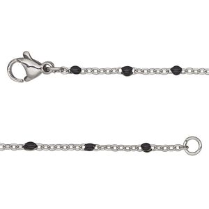 Chain, stainless steel and enamel, black, 1.7mm flat cable with 2mm ball, 16 inches with lobster claw clasp. Sold individually.