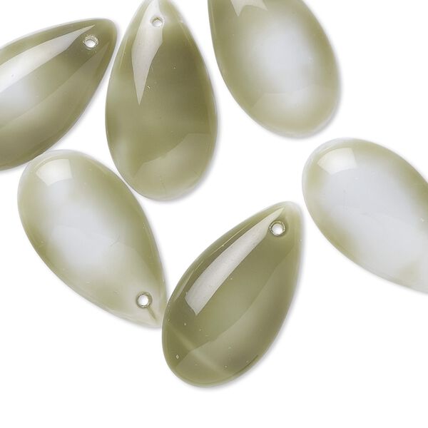 Drop, Preciosa, Czech pressed glass, marbled opaque white and green, 21x11mm puffed teardrop. Sold per pkg of 6. image number 0