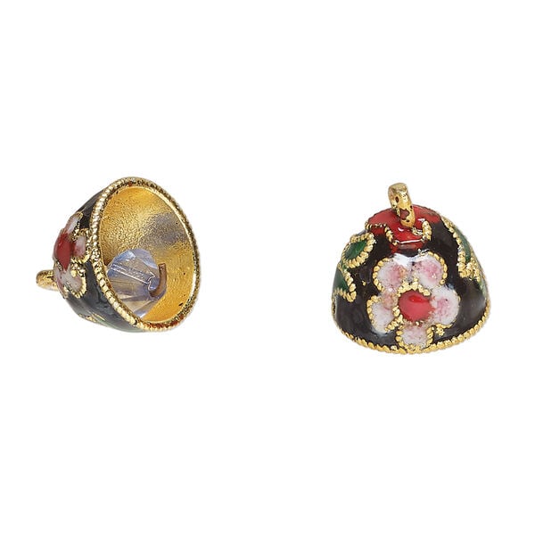Bell, cloisonn&eacute; 1pkg2, gold-finished brass and enamel, black and multicolored, 12x10mm bell with flower and bead clapper. image number 0