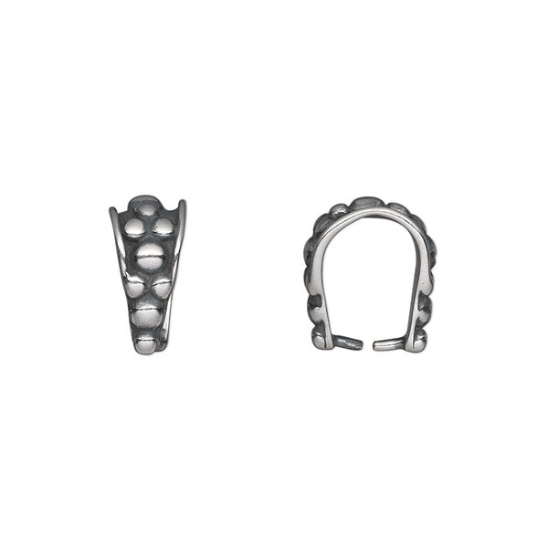 Bail, ice-pick, antiqued sterling silver, 13x6mm double-sided beaded, 10mm grip length. Sold individually. image number 0