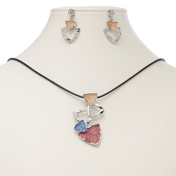 Necklace and earring set, enamel / waxed cotton cord / glass rhinestone / imitation rhodium-plated steel / "pewter" (zinc-based alloy), multicolored, 56x32mm triangles, 18-inch necklace with 2-inch extender chain and lobster claw clasp, 35mm earrings with post. Sold per set. image number 0