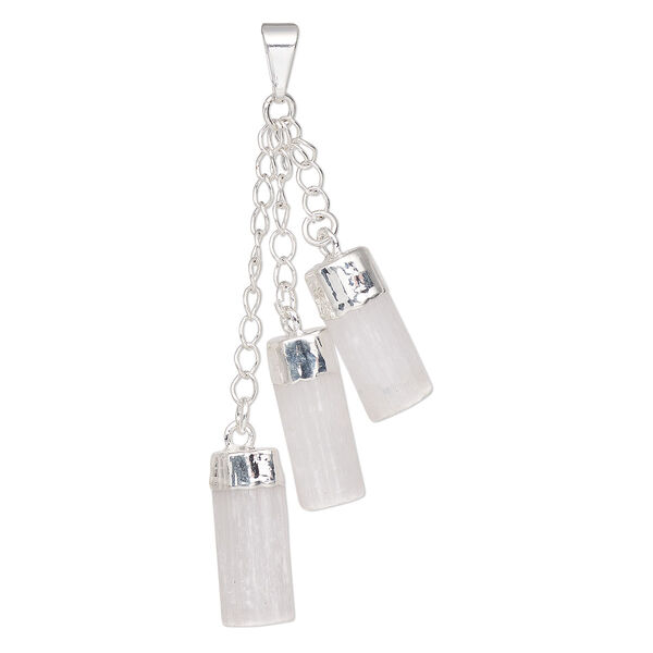 Pendant, Everyday Jewelry, silver-plated brass and selenite (natural), (3) 49-51mm dangling points. Sold individually. image number 0