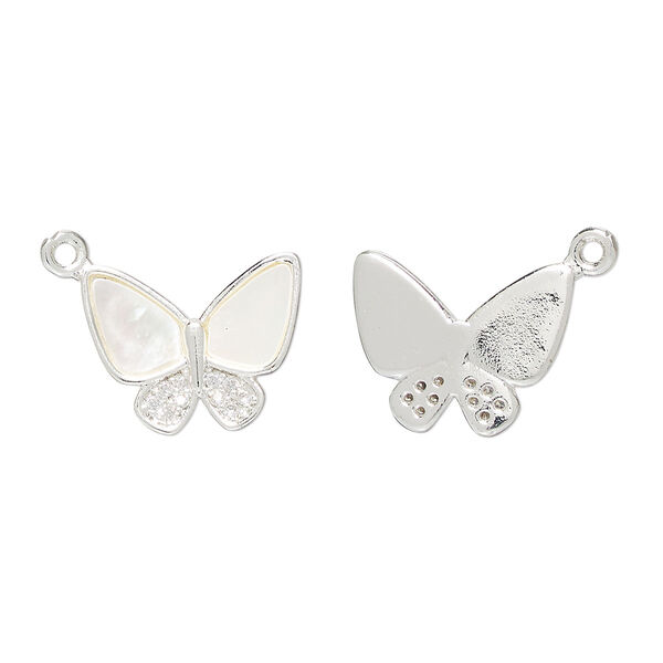 Charm 1pkg2 brass / mother-of-pearl shell / glass rhinestone, 15x12mm butterfly, bleached silver finish / white / clear image number 0