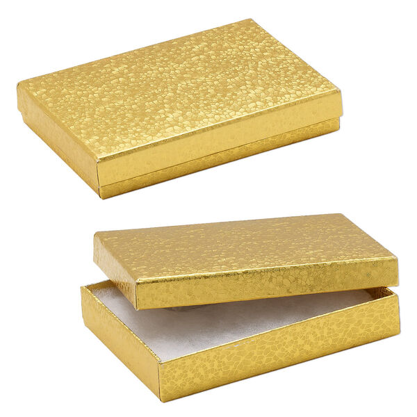 Box, paper, "cotton"-filled, shiny gold, 5-1/4 x 3-3/4 x 1-inch rectangle. Sold per pkg of 10. image number 0