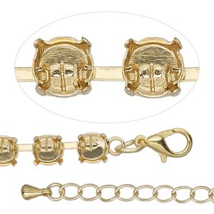 Necklace component, gold-finished brass and steel, 6mm wide cupchain with (47) SS29 settings, 18 inches with 3-inch extender chain and lobster claw clasp. Sold individually.