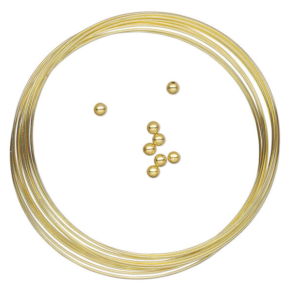 Memory wire, Beadalon®, gold-plated carbon steel, 2-1/4-inch round bracelet, 0.65mm thick with 3mm end caps. Sold per 9-piece set, approximately 12 loops. image number 0