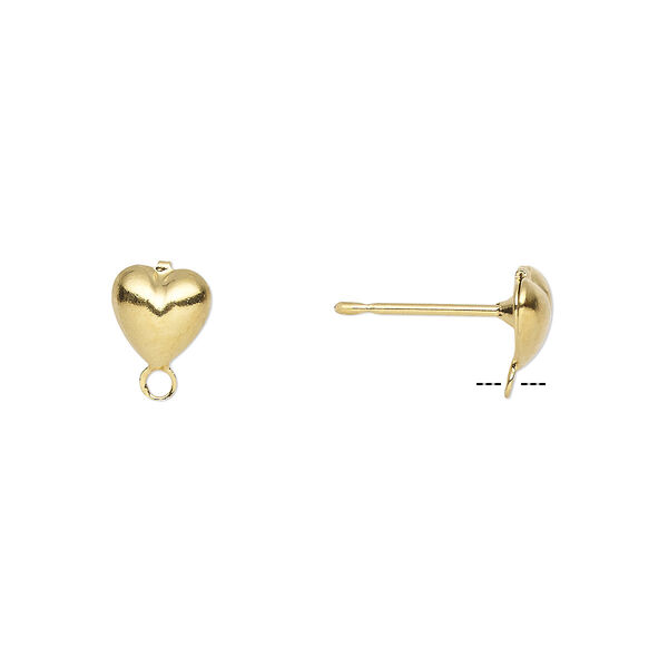 Earstud, gold-plated brass and stainless steel, 6x6mm hollow fancy heart with closed loop. Sold per pkg of 50 pairs. image number 0