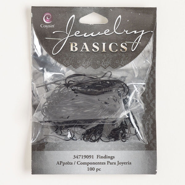 Ear wire assortment, steel, pkg/50 pairs, 16mm fishhook with open loop and 33mm kidney with open loop, 20 and 22 gauge, black finish. image number 0