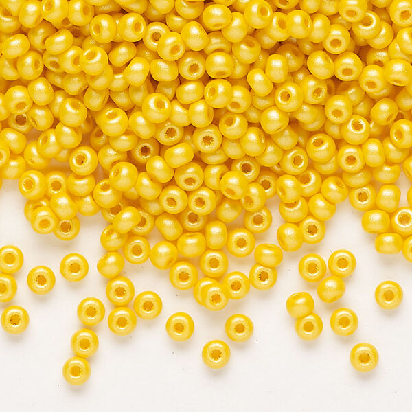 Seed bead, Preciosa Ornela Czech glass, pkg/500g, #8 rocaille, opaque PermaLux dyed dark yellow chalkwhite, (22002). image number 0
