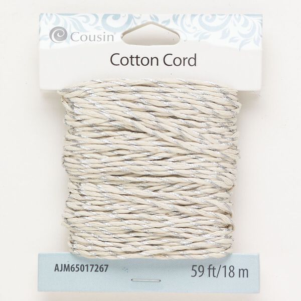 Cord 1pkg1 cotton 1mm twisted, off-white / silver 18 meters image number 0
