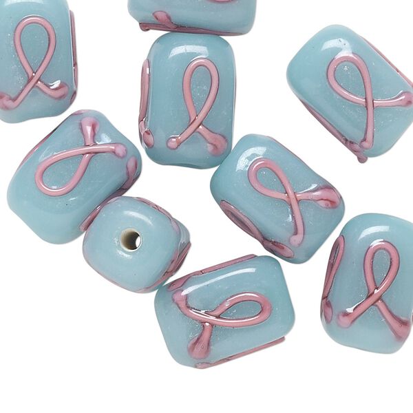 Bead, lampworked glass, blue and pink, 13x11mm rectangle with pink awareness ribbon design on four sides. Sold per pkg of 10. image number 0