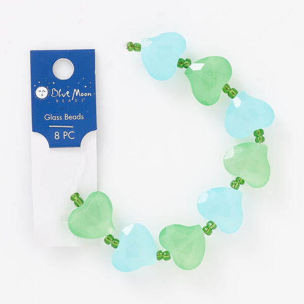 Bead, frosted glass, transparent blue and green, 20x16mm faceted puffed heart. Sold per pkg of 8. image number 0