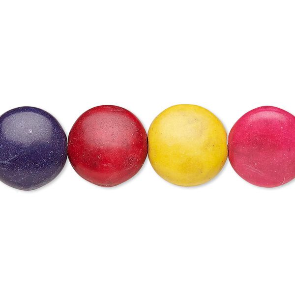 Bead, "howlite" (imitation) resin. mixed colors, 12mm puffed flat round. Sold per 15-inch strand. image number 0