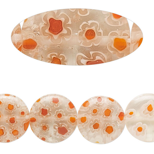 Bead, millefiori glass, translucent clear and multicolored, 14mm puffed flat round. Sold per 14-inch strand. image number 0