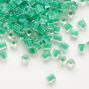 Seed bead, Miyuki 1pkg10g, glass, 3.5-3.7mm square, transparent green inside dyed color clear (SB-219)