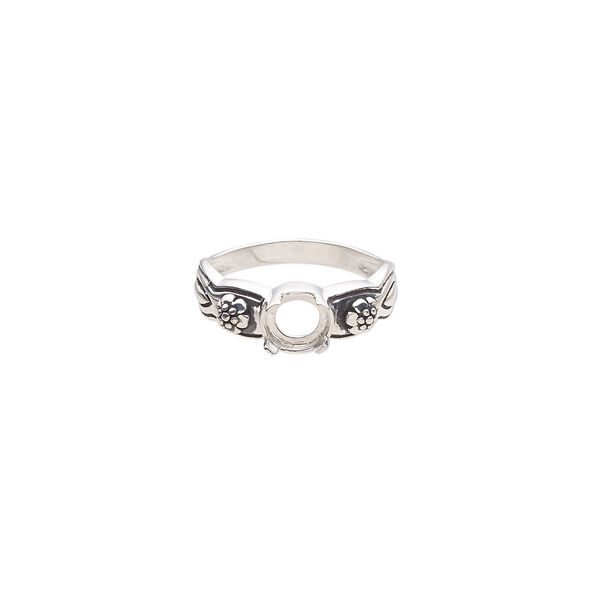 Ring, antiqued sterling silver, 7mm band with flower design and open back with 6mm round cabochon 4-prong setting, size 7. Sold individually. image number 0