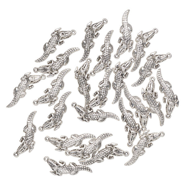 Focal, antique silver-finished "pewter" (zinc-based alloy), 30x15mm alligator. Sold per pkg of 24. image number 0
