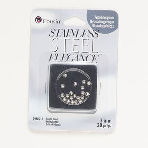 Bead, antique silver-finished stainless steel, 3mm round. Sold per pkg of 20.