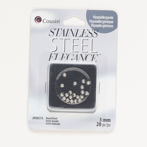 Bead, antique silver-finished stainless steel, 3mm round. Sold per pkg of 20. image number 0
